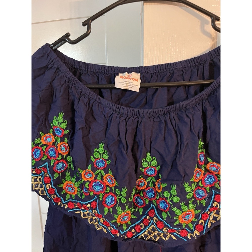 2 Modom Women's Navy & Black Rayon  Woven Embroidered Off Shoulder Blouse L